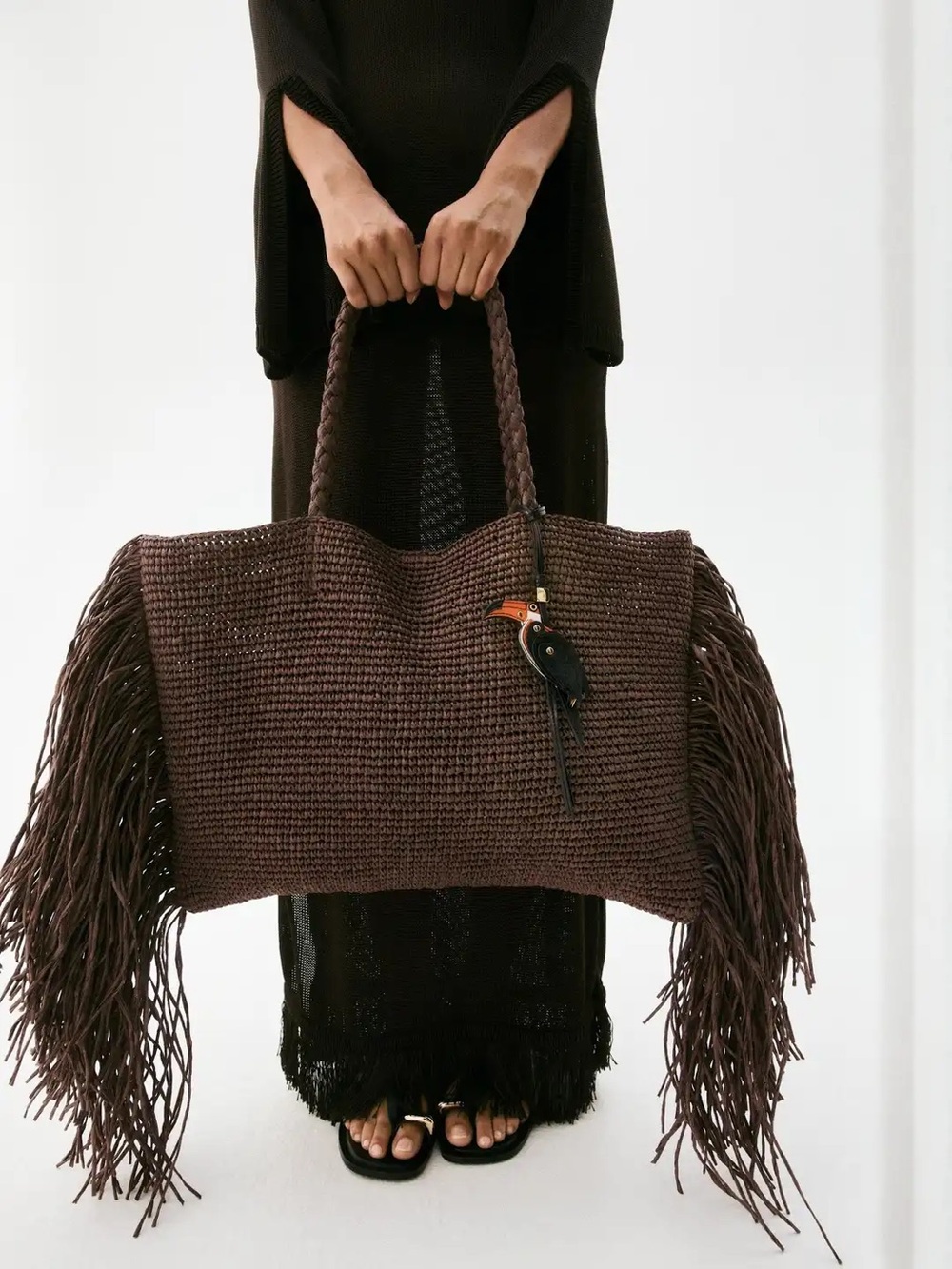 RARE H&M Brown Woven Fringe Tote Bag - Picture 12 of 12